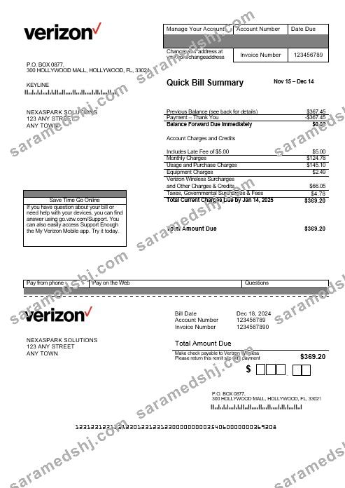 USA Verizon business utility bill template in Word and PDF formats